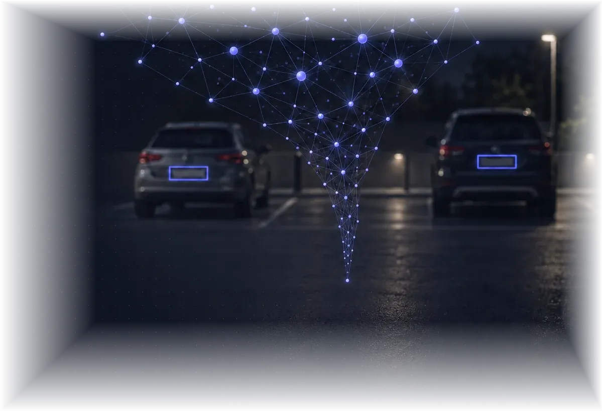 A night car park where a neural network converges onto two cars whose licence plates are outlined