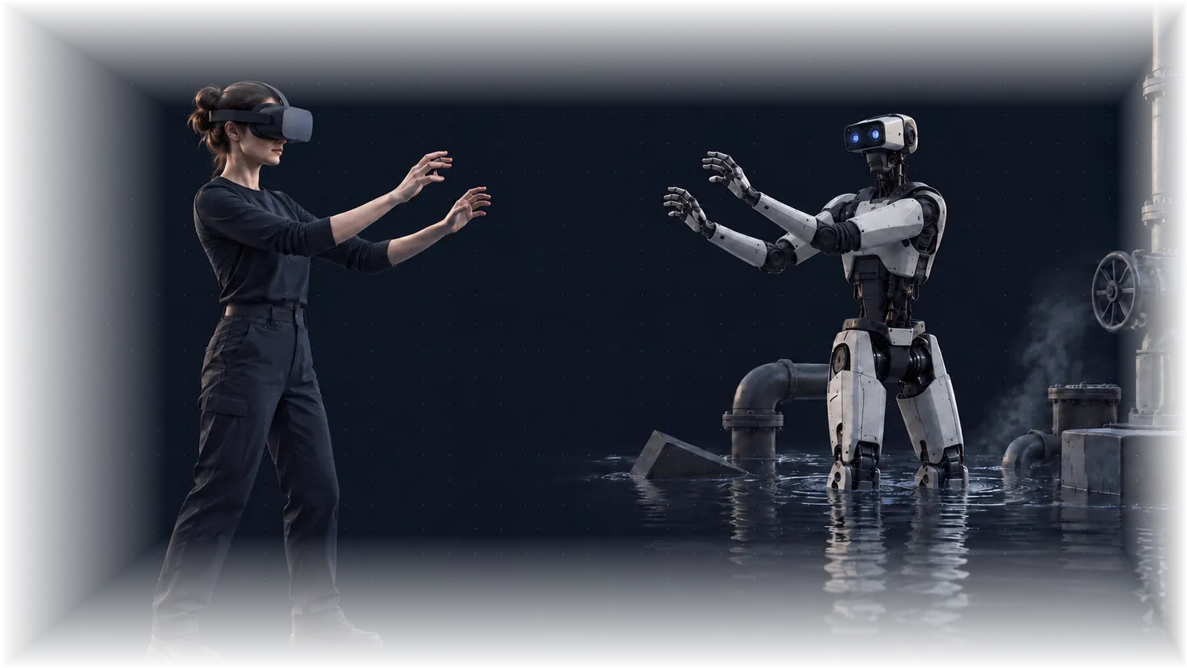 An operator in a VR headset mirrored by a humanoid robot working in a flooded industrial plant