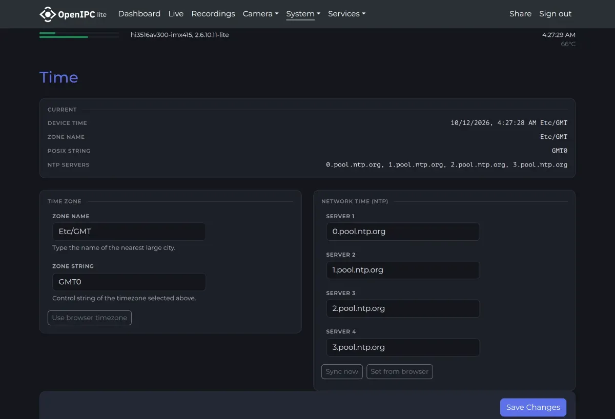 System - Time page of the OpenIPC web interface